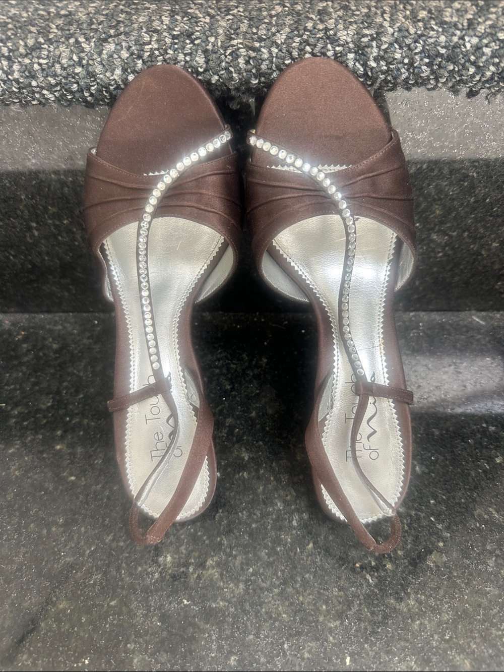 Touch of Nina Brown Satin Peep-Toe Slingback Heels with Crystal Accent